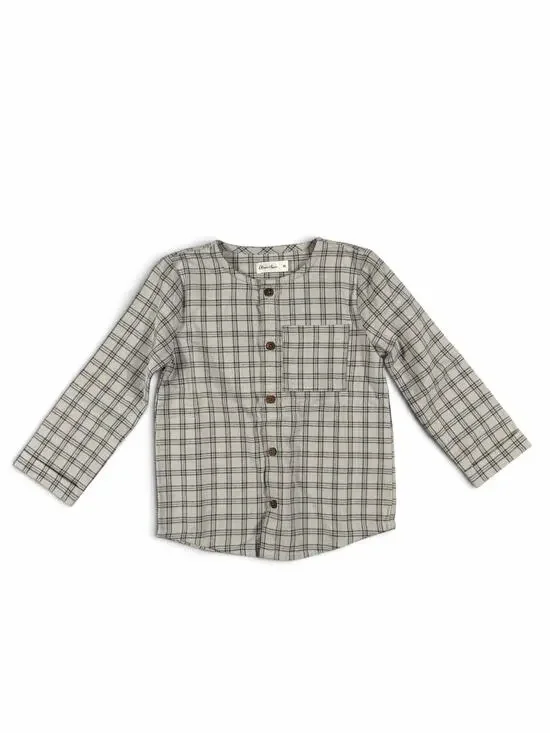 Oliver & Rain Plaid Collarless Button Down Shirt Cream Gray Size 2