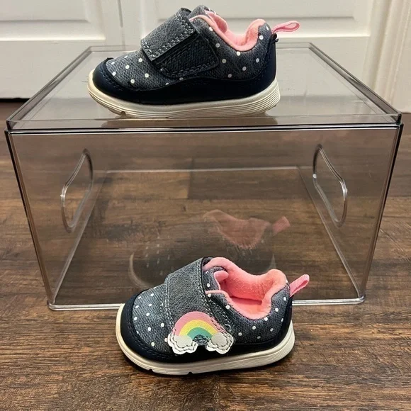 Carter Size 2 Baby Girls Blue Polka Dot Rainbow Sneakers