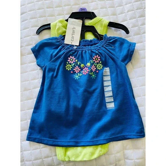 Carters Baby Girls 3 Piece Set Blue Floral Top Lime Polka Dot Bodysuit Shorts 3M