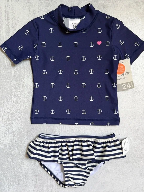 🩷24M⚓️ NWT Carter's Navy Anchor Rash Guard Swimsuit Set w Striped Ruffle Bottoms