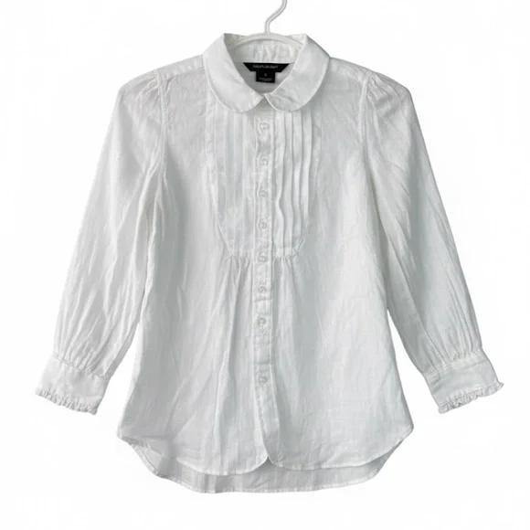 NWT • Ralph Lauren Girls 6 White Linen Pintuck Peter Pan Collar Blouse Preppy