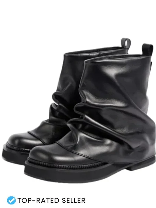 Slouchy Ankle Boots Pull On Chunky Low Heel Platform Leather