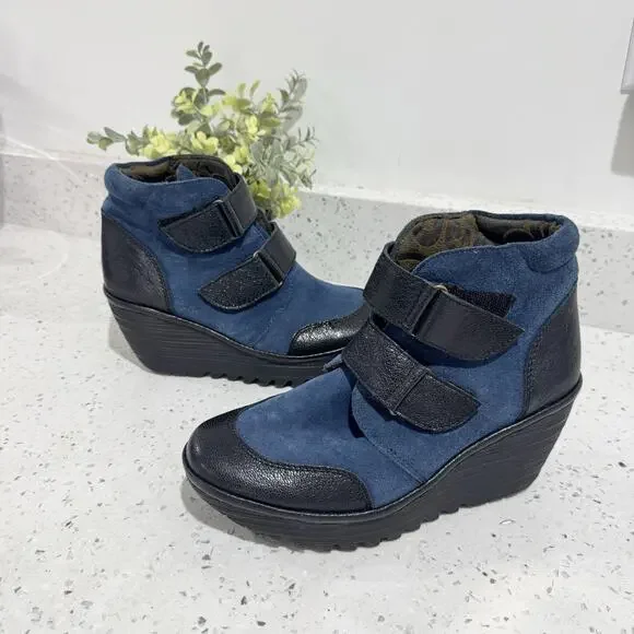 Fly London Yugo Suede Wedge Booties Blue Leather 38