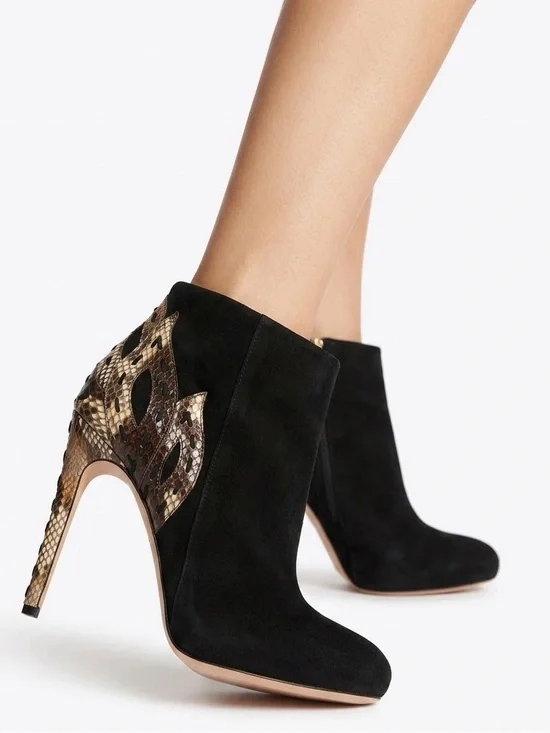 Alexandre Birman Black Suede Snakeskin Flame Heel Ankle Boots Heels Sz 39.5