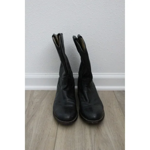 Justin L3703 Black Leather Roper Western Cowboy Boots Womens 7 B Made‎ in USA