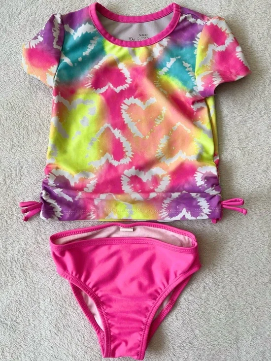 Kids Two-Piece Rash Guard Swim Set - Neon Tie-Dye Hearts Pink