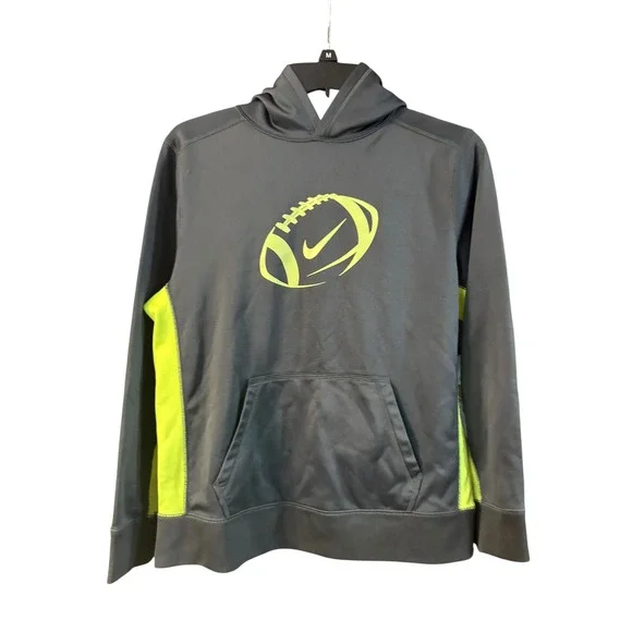 Nike Boys Therma-FIT Football Hoodie Grey Neon Volt Pullover XL 18-20