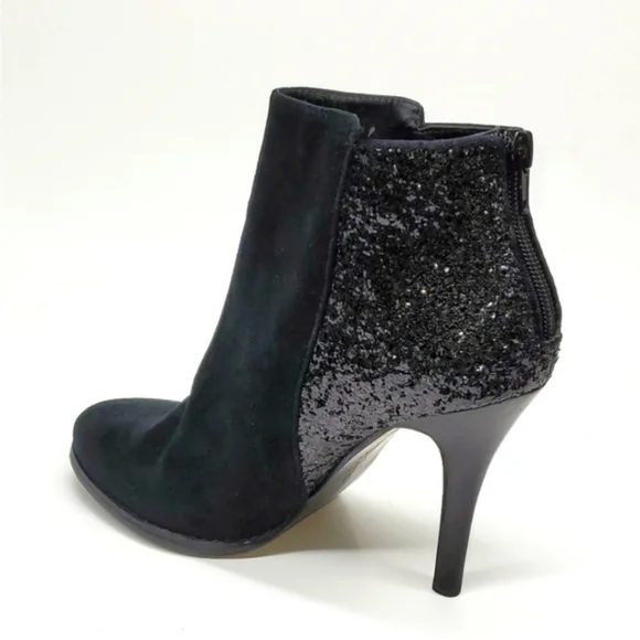 BCBG Paris Milan Black Faux Leather Suede Black Glitter Ankle Booties 6B