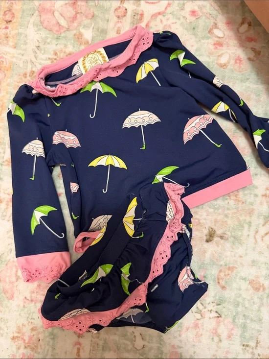 TBBC Navy Umbrella Print Swim Set with Pink Trim