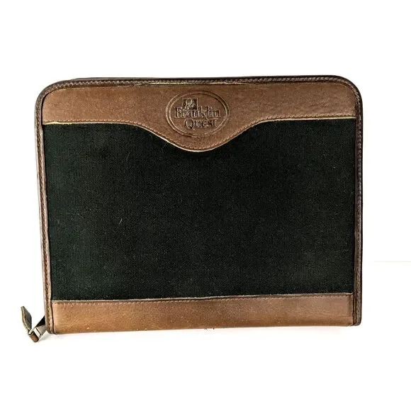 FRANKLIN QUEST Canvas & Leather 7 Ring Planner Binder Zip Organizer Made in USA