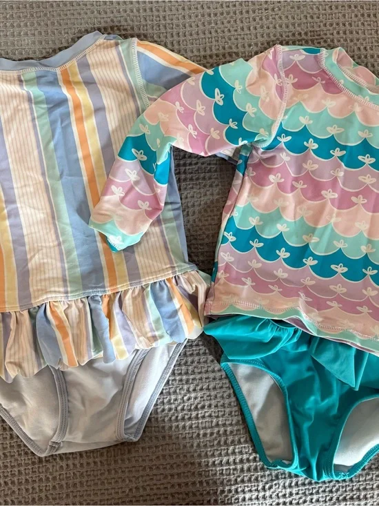 Rufflebutt 3T Girls' Pastel Stripe & Mermaid Rash Guard Swim Set