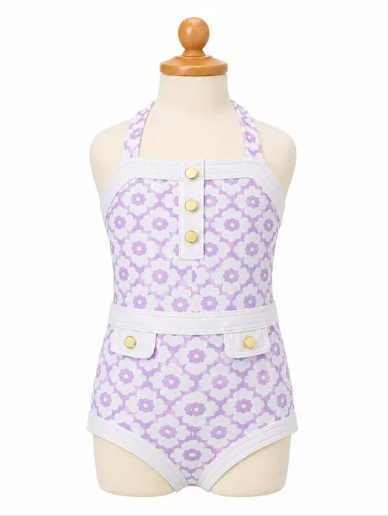 Janie and Jack | Vintage Style Light Purple and White Daisy Print Swimsuit