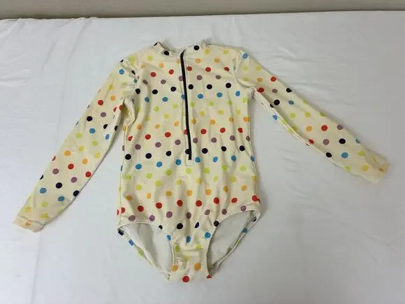 PRIMARY Rainbow Dot Long Sleeve Zip Bathing Suit Size 6-7 Girls Sun Safe Polka