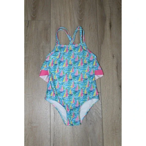 The Oaks Apparel Company‎ Girls Blue Sailboat Ruffle One Piece Swimsuit 4Y