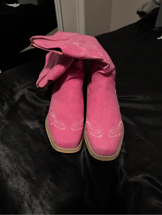 JustFab Bright Pink Western Ankle Boots with Embroidered Toe