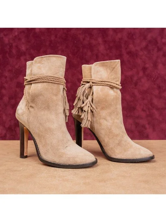 Joie Women Chap Taupe Soft Suede Tassel Boho Cottage Slip-on Boots 7US EUR37