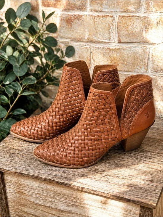 Frye Reed Woven Leather Booties Cognac Brown Cutout Western Ankle Boots 9M #31