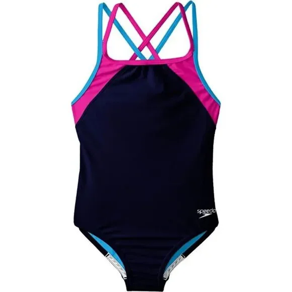 Speedo Girl's Swimsuit One Piece Solid Cross Back Multi‎ Straps, Size 14