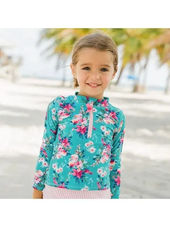 RuffleButts Fancy Me Floral Long Sleeve Rash Guard Girls Size 4T