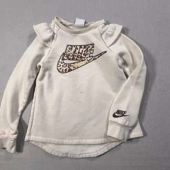 Nike Girls Small Leopard Long‎ Sleeve Top Cream Animal Print Sweatshirt 4-5 Yrs