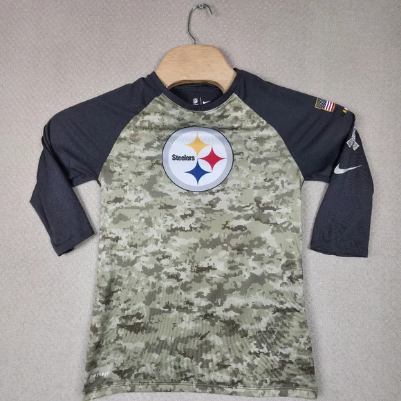Nike Pittsburgh Steelers‎ Salute Service Shirt Kids Boys Small Camo Dri-FIT 3/4