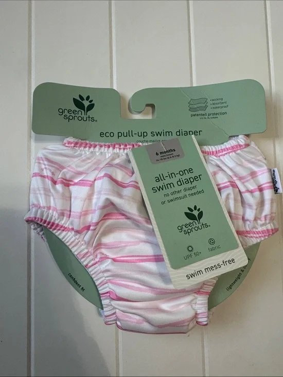 NWT Green Sprouts 6M Eco Pull-Up Swim Diaper - Pink Stripe - UPF 50+ - 14-18 lbs