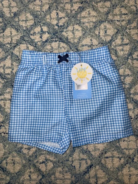 Ruffle Butts Light Blue Gingham Shorts with Navy Drawstring
