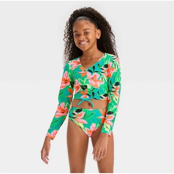 GIRLS RASHGUARD SWIMSUIT Two Piece Set‎ Bikini Long Sleeve 8 Green Floral Pink