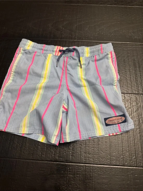 Vineyard Vines Kids Swim Trunks - Light Blue with Pink & Yellow Stripes