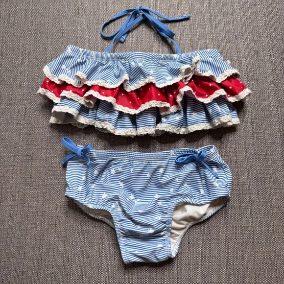 SweetHoney Girls Blue Red Striped Polka Dot Ruffle Two Piece Swimsuit Size 6Y