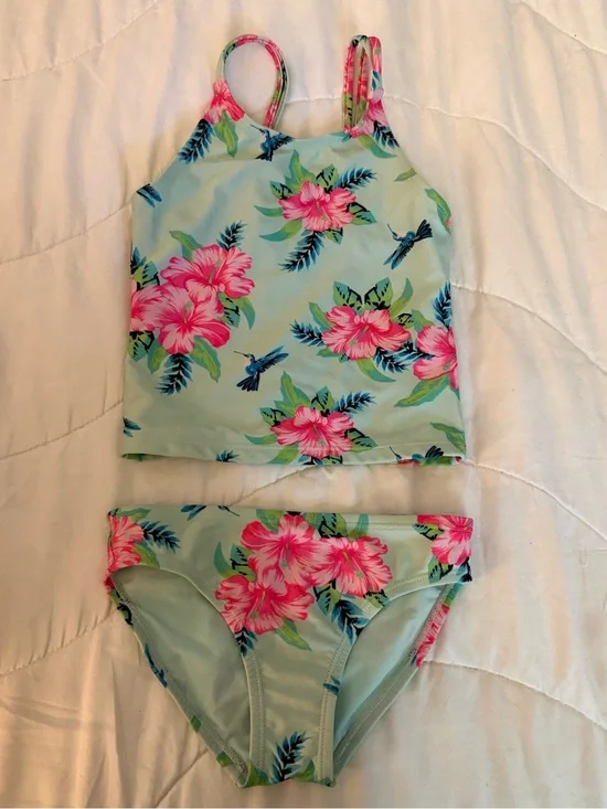 The Children's Place Light Blue Floral Tankini with Pink Hibiscus