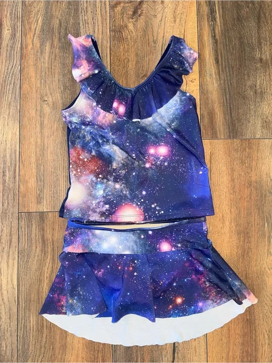 Galaxy Print Girls' Skirted Swim Set - Navy/Purple