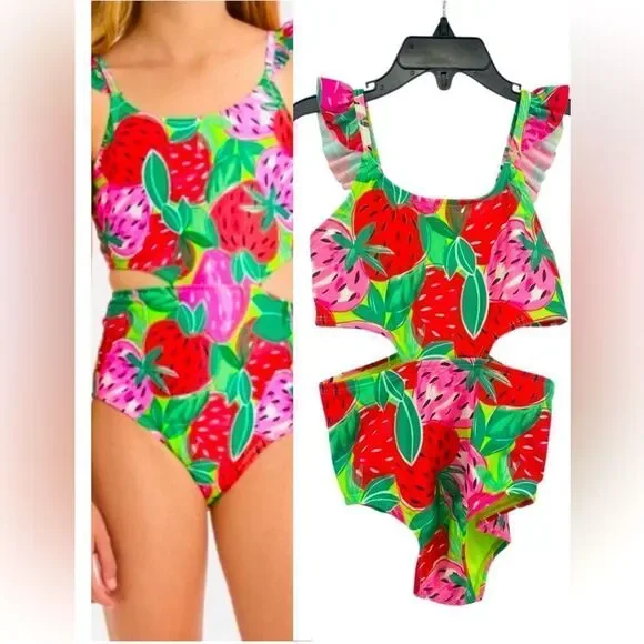 Cat & Jack Girls Pink Sweet Strawberry Print Ruffle Strap Cutout Swimsuit XS 4/5