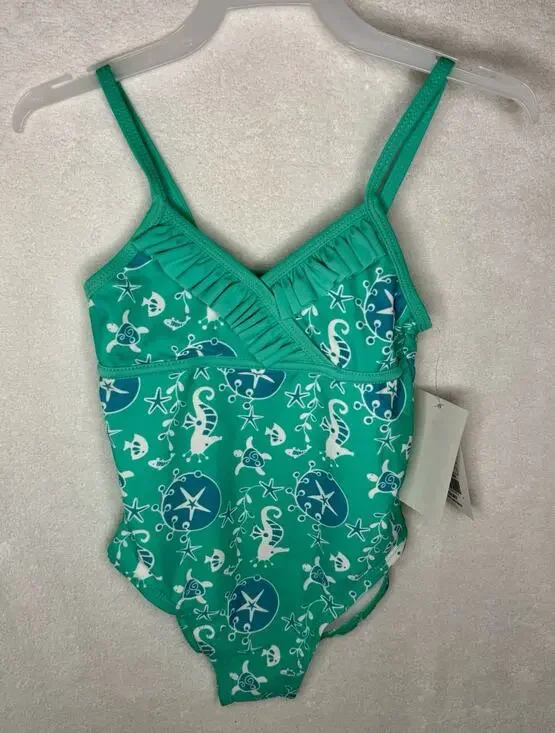 Infant 12m Girls Aqua Marine Life One-Piece Bathing Suit w/Ruffles