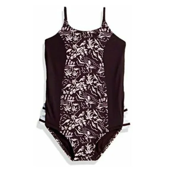 NWT Hobie Purple Girls One-Piece Swimsuit Tropical Palm Tree Print Kids Size 12