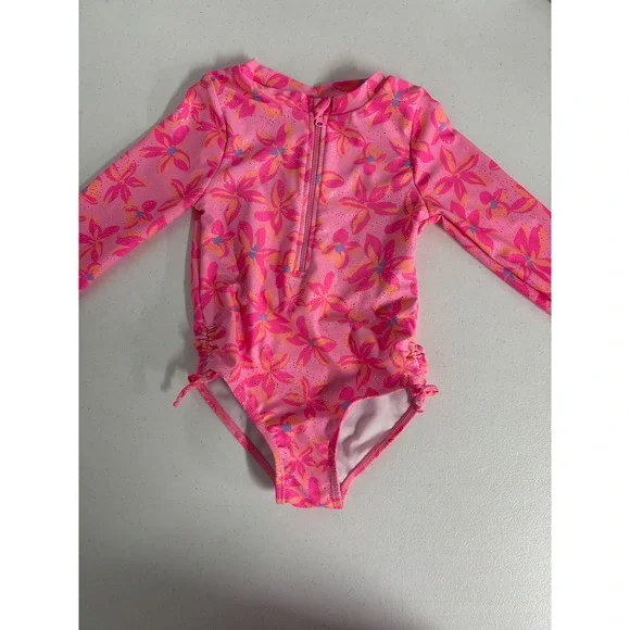 Nicole Miller New York Kids Pink Floral Long Sleeve Glitter Swimsuit Size 6 NWT