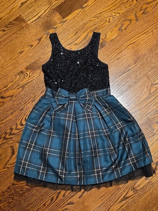 The Children's Place Black Sequin Bodice Blue Plaid Bow Dress