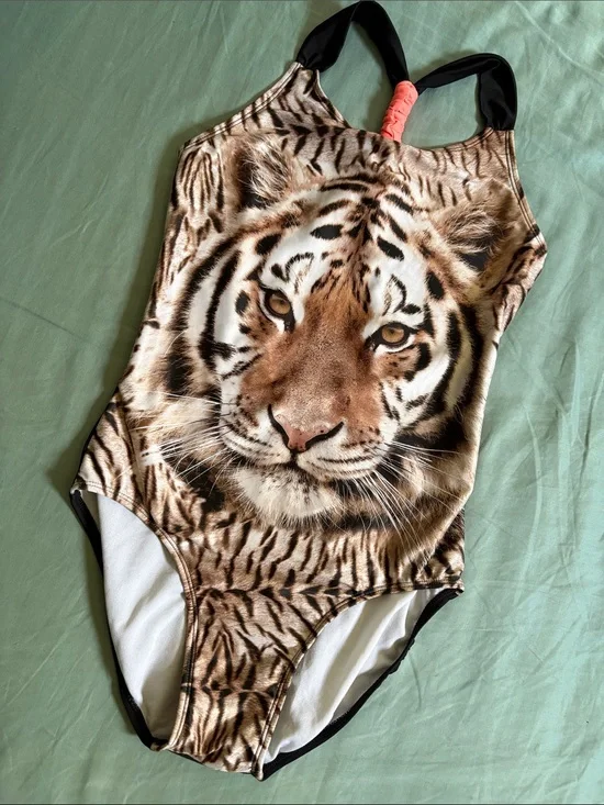Xhilaration Black, Brown & Coral Tiger Face One-Piece Swimsuit