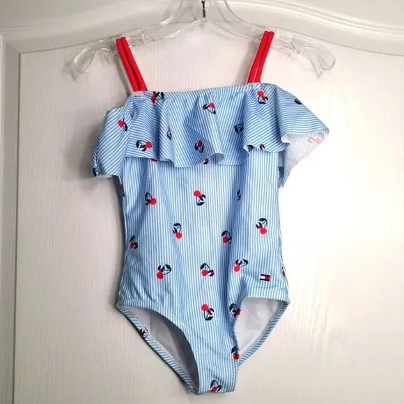 Seersucker Stripe and Cherry Print Off Shoulder Swimsuit Girls