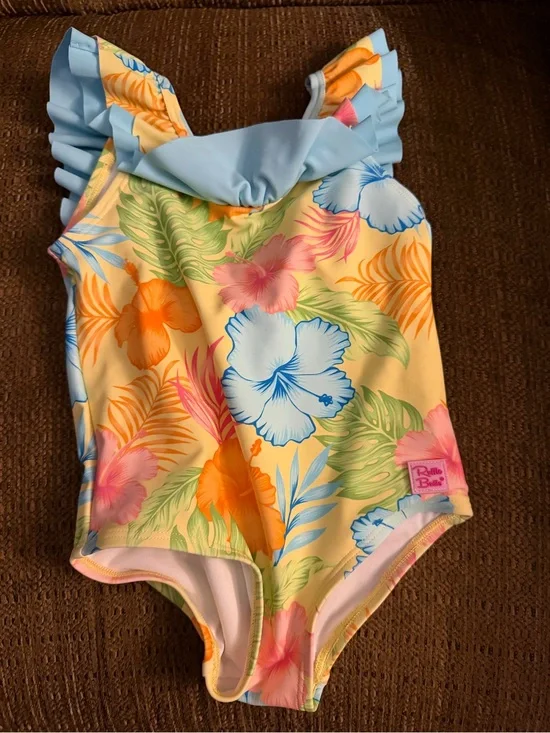 Ruffle Butts Yellow Tropical Floral One-Piece Swimsuit with Blue Ruffles