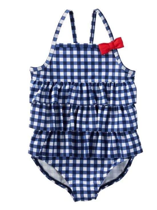 OshKosh B'gosh Blue White Gingham Ruffle One-Piece UPF 50+ Retro 18-24 months