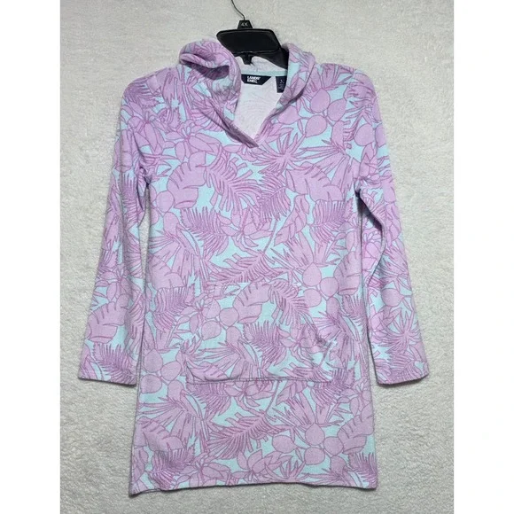 Lands End Girls Hooded Terry Swim Cover-Up Paradise Aqua Palm Foliage L 10-12
