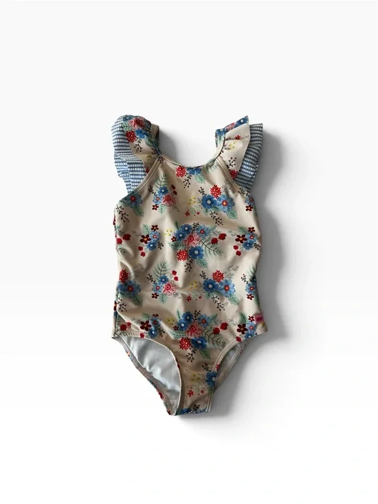 Ruffle Butts Cream Floral One-Piece Swimsuit with Blue & Red Flowers
