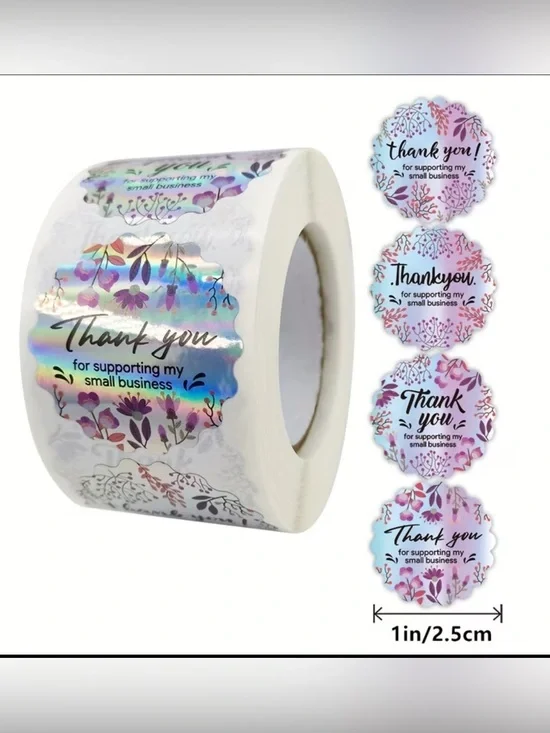 💜 NWT Holographic Floral Scalloped Edge Small Business Thank You Stickers (500)