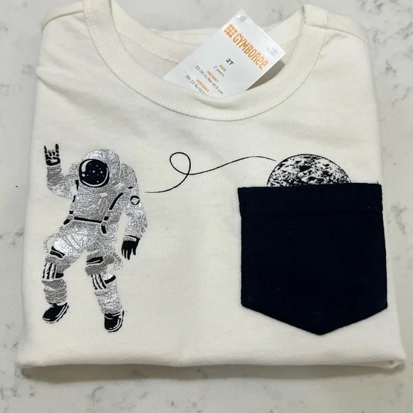 Gymboree White Tee with Astronaut and Black Pocket