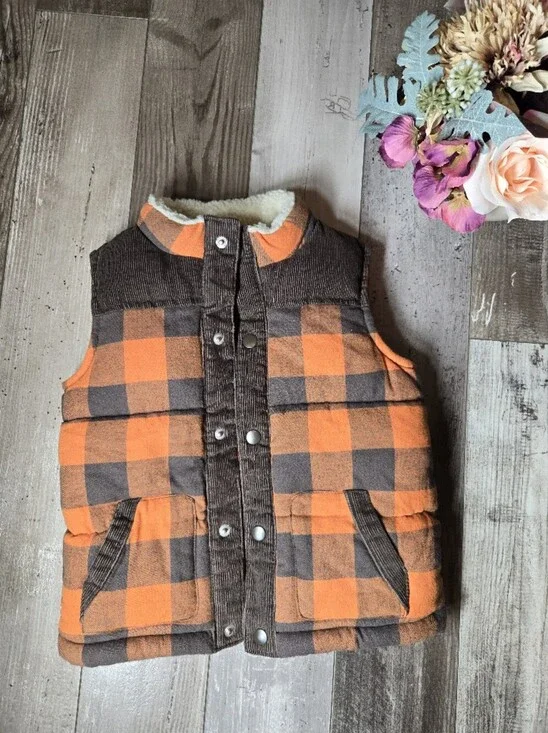 Gymboree Toddler Boy Orange and Brown Buffalo Plaid Puffer Vest Size 2T-3T NWOT