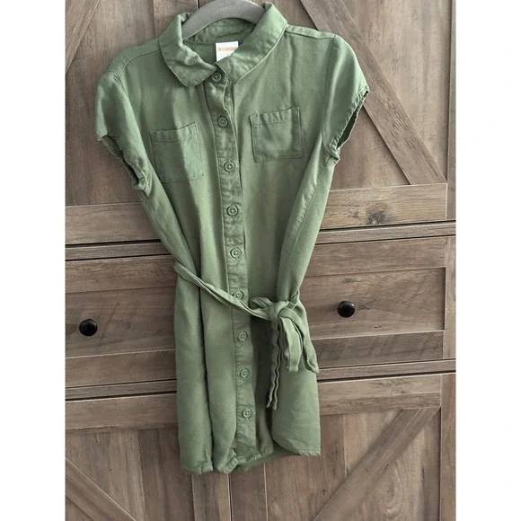Gymboree Girls Olive Green Utility Shirt Dress Button Front Tie Waist Size 5