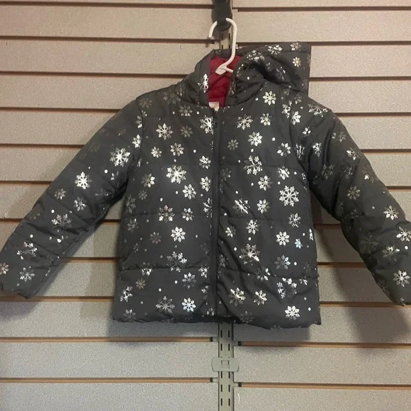 Gymboree Girls Gray Silver Metallic Snowflake Puffer‎ Jacket Hooded Size S 5-6