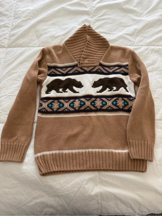 Gymboree Tan Bear Motif Turtleneck Sweater with Navy & Cream Accents