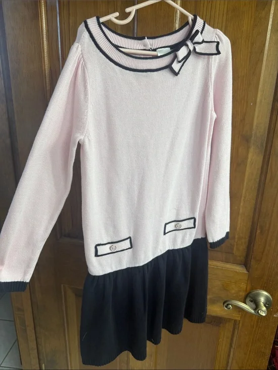 Gymboree Pink and Black Long Sleeve Bow-Trim Dress